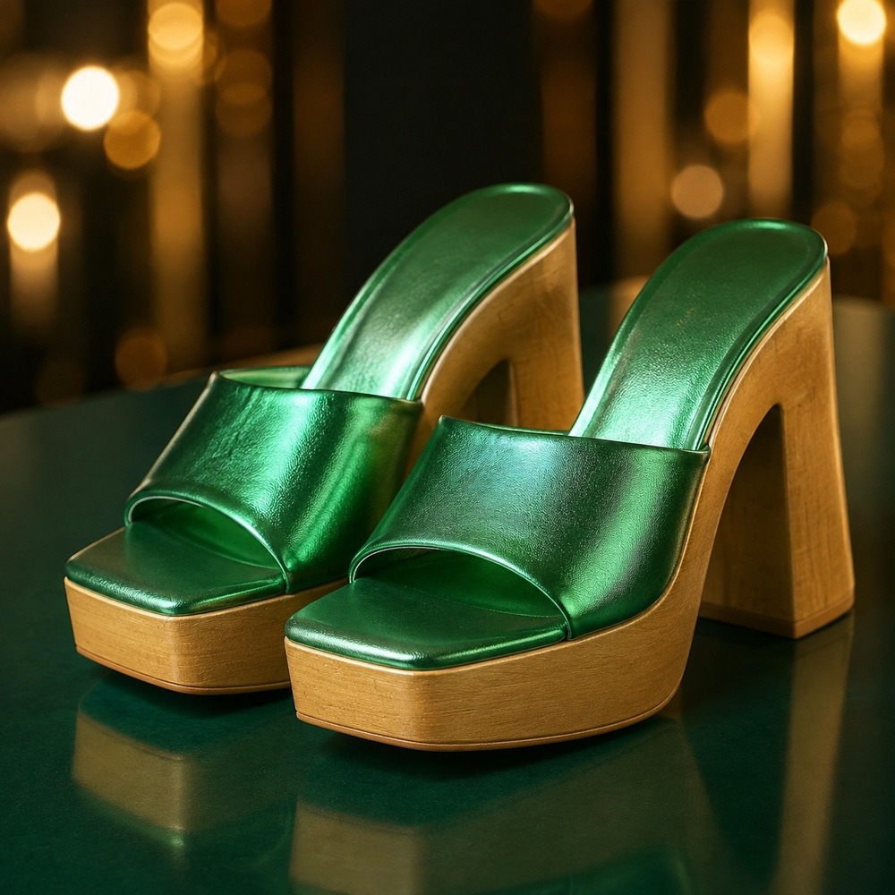 Cape Robbin Enisle Metallic Green Platform Mules Sculptural Wood Heel Size 9